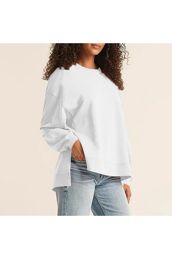Oversized Womens Tops Side Slit High-low Hem Sweatshirt for Women 2024 Fashion Trendy Women's Round Neck Pullover Asymmetrical Loose Casual Solid Color Long Sleeved Sweater Top