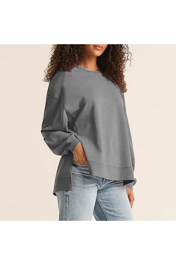 Oversized Womens Tops Side Slit High-low Hem Sweatshirt for Women 2024 Fashion Trendy Women's Round Neck Pullover Asymmetrical Loose Casual Solid Color Long Sleeved Sweater Top