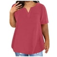 thumbnail image 1 of Ozmmyan Plus Size Women V Neck Short Sleeve Casual Pocket Loose T-Shirt Oversized Summer Cotton Notched Neckline Loose Blouse Workout Basic Tees, L-5XL, 1 of 6