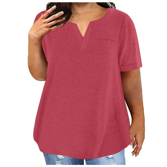 Ozmmyan Plus Size Women V Neck Short Sleeve Casual Pocket Loose T-Shirt Oversized Summer Cotton Notched Neckline Loose Blouse Workout Basic Tees, L-5XL