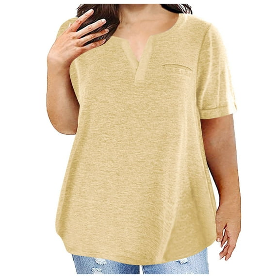 Ozmmyan Plus Size Women V Neck Short Sleeve Casual Pocket Loose T-Shirt Oversized Summer Cotton Notched Neckline Loose Blouse Workout Basic Tees, L-5XL