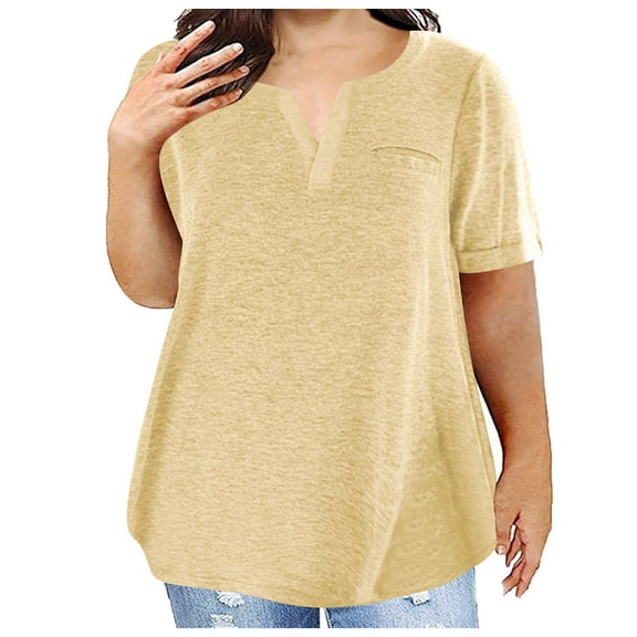 Ozmmyan Plus Size Women V Neck Short Sleeve Casual Pocket Loose T-Shirt Oversized Summer Cotton Notched Neckline Loose Blouse Workout Basic Tees, L-5XL