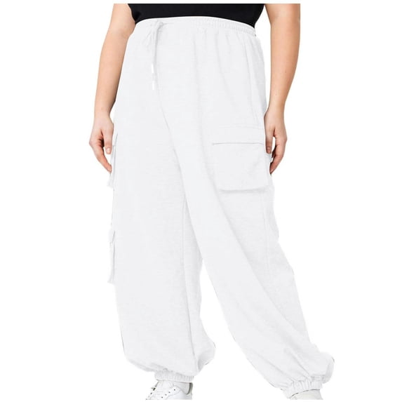 Ozmmyan Plus Size Womens Cargo Sweatpants Wide Leg Joggers Solid Color Drawstring Elastic Waist Loose Fit Cuffed Pants with Pockets Casual Lounge Trousers