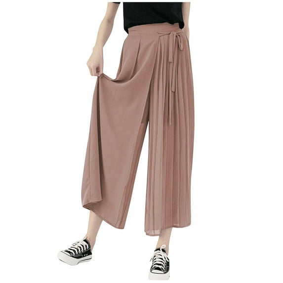 Ozmmyan Plus Size Womens Chiffon Wide Leg Pants Pleated Flowy Palazzo Trousers Tie Waist Cropped Pant Skirt Solid Color Summer Spring Casual Loose Fit Bottoms
