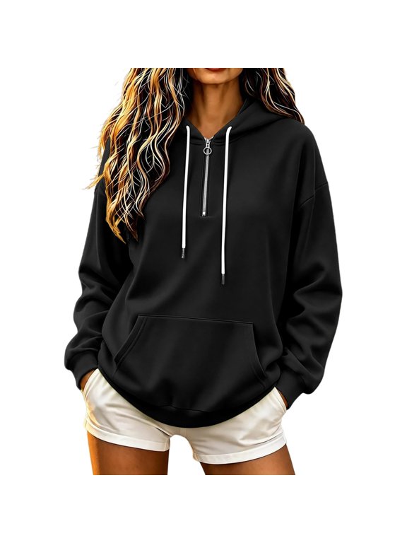 Plus Size Womens Hooded Half Zip Long Sleeve Fleece Sweatshirt Jacket with Pocket