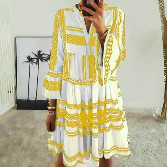 Ozmmyan Summer Dress for Women 2023 Plus Women's Spring And Summer Casual Loose Sundress V-neck Three-quarter Sleeve Buttons Print Dress Summer Beach Tank Dress