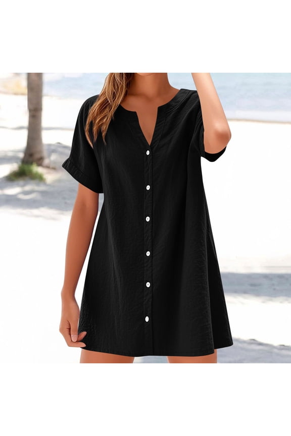 Women's Utility Shirt Dress Casual Cotton Linen V Neck Button Down Dress Loose Short Sleeve Mini Dresses, S-2X