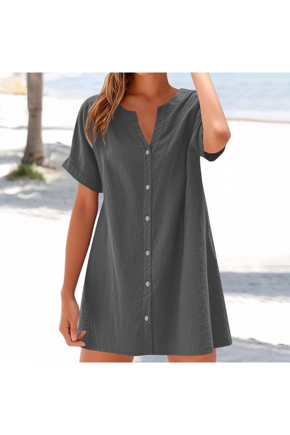 Women's Utility Shirt Dress Casual Cotton Linen V Neck Button Down Dress Loose Short Sleeve Mini Dresses, S-2X