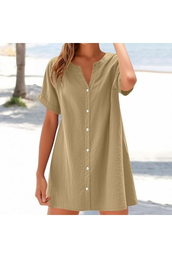 Women's Utility Shirt Dress Casual Cotton Linen V Neck Button Down Dress Loose Short Sleeve Mini Dresses, S-2X