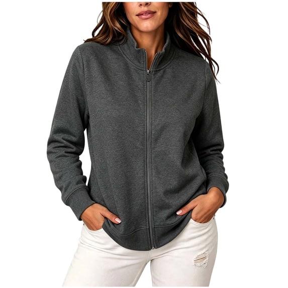 Ozmmyan Plus Size Womens Sweatshirt for Womens Lightweight Zip Up Jacket Stand Collar Long Sleeve Casual Solid Color Short Coat Fall Spring Outerwear Tops