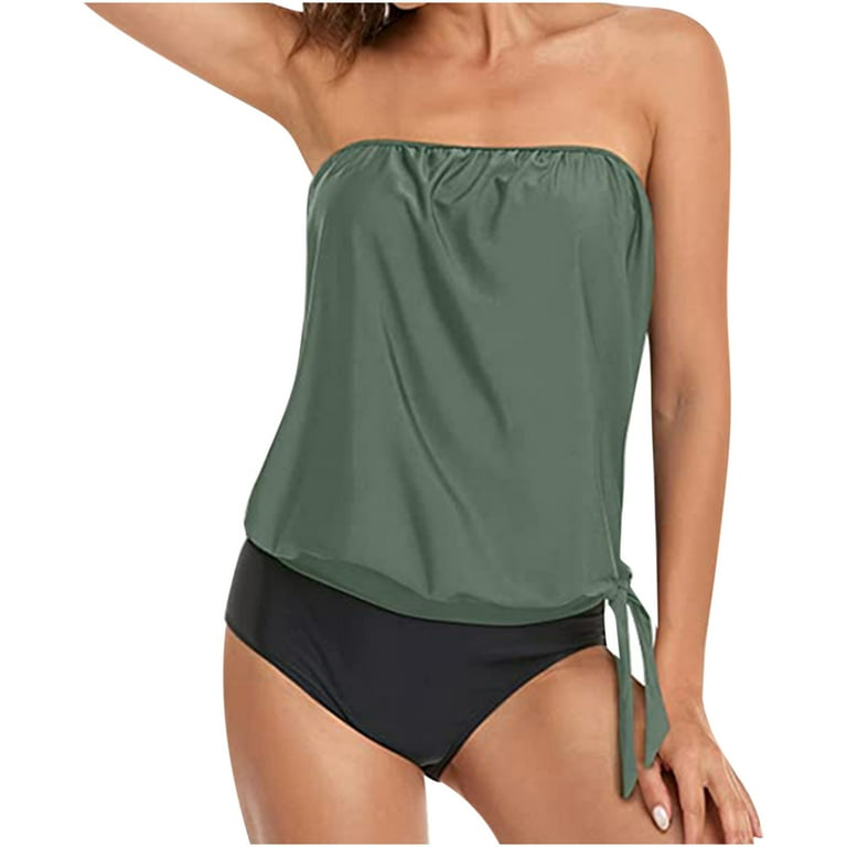 Ozmmyan Two Piece Bandeau Swimsuits For Women's Workout Shorts Loose Fit  Bathing Blouson Swim Tank Top With Shorts on Clearance - Walmart.com