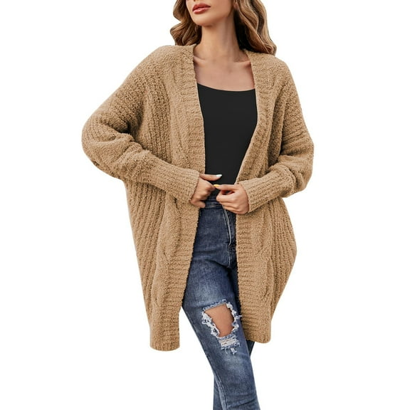 Ozmmyan Woman Fashion Solid Color Long Sleeves Knit Cardigan Loose Tops Blouse Sweater