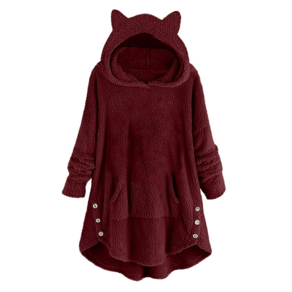 Ozmmyan Woman's Casual Solid Color Plush Buttons Long Sleeved Hooded Plush Coat Top