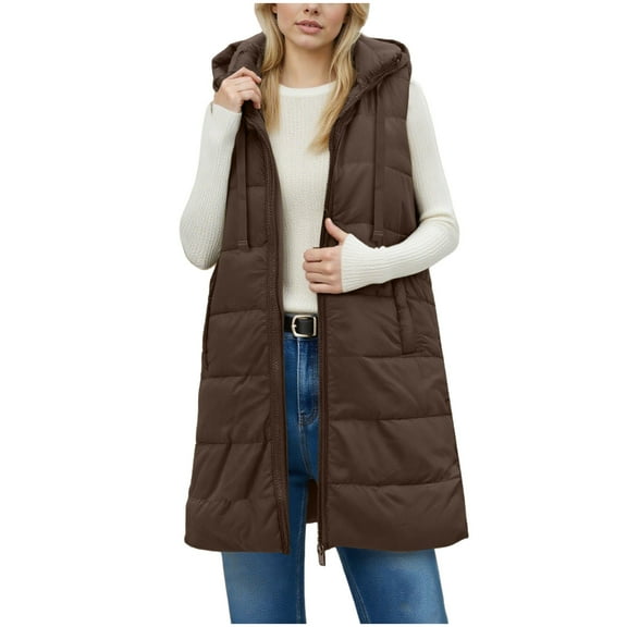 Lmueinov Womens Long Puffer Vest with Hood, Lightweight Sleeveless Quilted Jacket with Pockets Zip Up Winter Warm Outerwear
