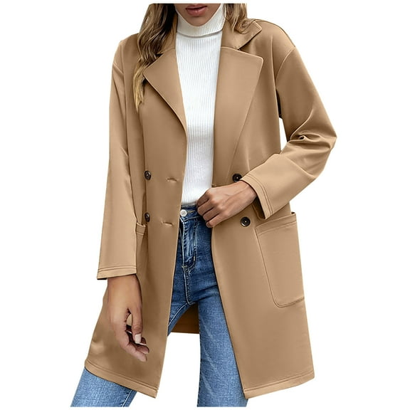 Ozmmyan Women Jacket Solid Coat Button Turndown Neck Slim Fit Warm Medium And Long Jacket