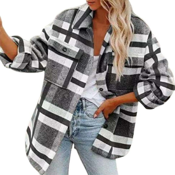 Ozmmyan Women Wool Jacket Plaid Printed Long Sleeve Turn-down Collar Suit Cardigan Woolen Coat