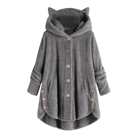 Ozmmyan Women's Button Down Cardigan Hoodies Cat Ears Irregular Plush Solid Hooded Coat