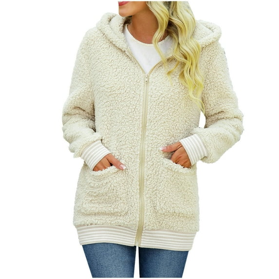 Ozmmyan Women's Casual Autumn And Winter Long Sleeved Loose Zipper Solid Color Velvet Coat Hooded Coat Jacket
