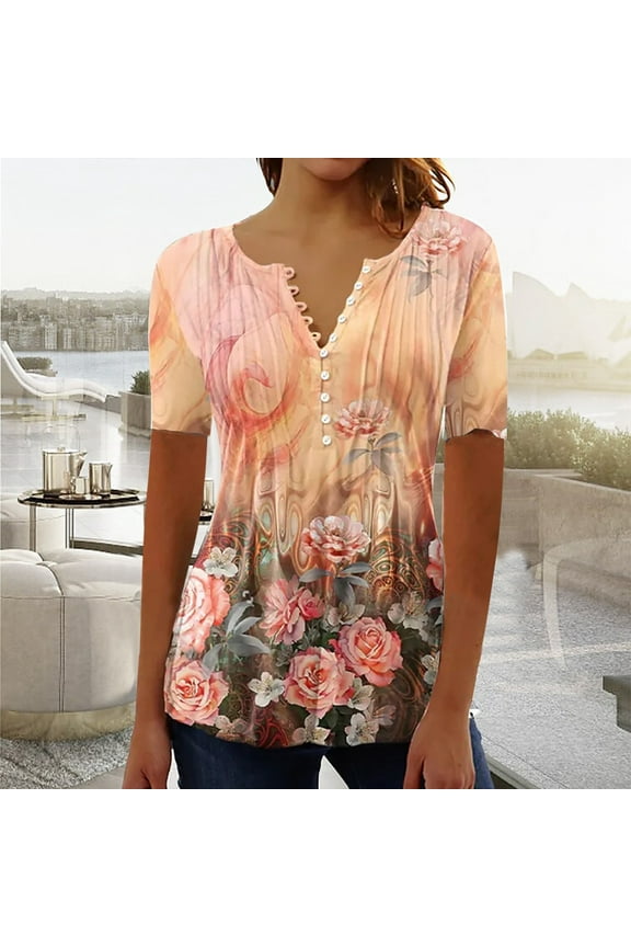 Women's Floral Printed Notched Neck T-Shirt Womens Tunic Tops Trendy Vintage Boho Shirts Short Sleeve Button Down Tees, S-2XL