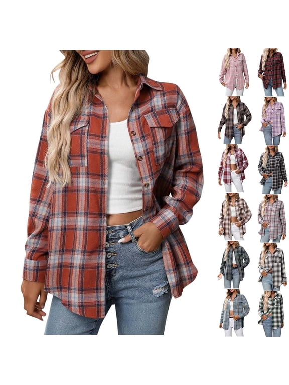 Plaid Flannel Shirts for Women Casual Loose Long Sleeve Shacket Jacket Womens Plaid Button Down Shirt Top, S-XXL
