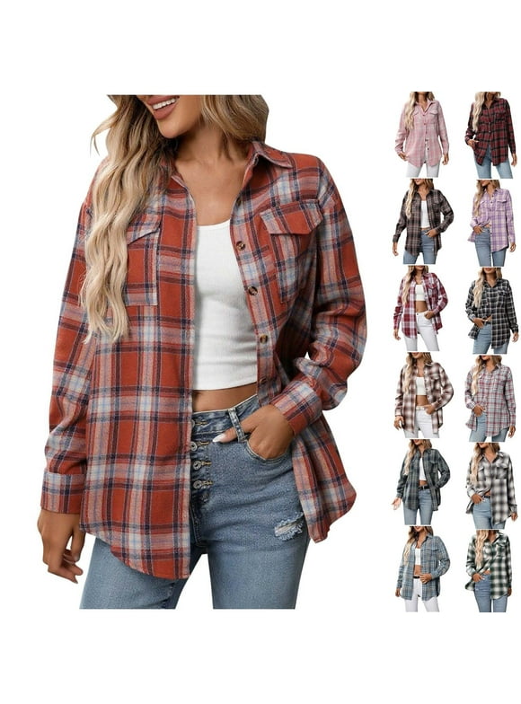 Plaid Flannel Shirts for Women Casual Loose Long Sleeve Shacket Jacket Womens Plaid Button Down Shirt Top, S-XXL