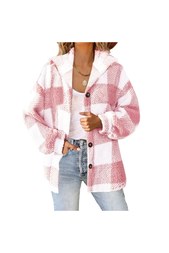 Ozmmyan Women's Plaid Fleece Jacket with Hood and Pockets, Long Sleeve Button Front Spring Fall Cool Weather Coat Plus Size S-5XL