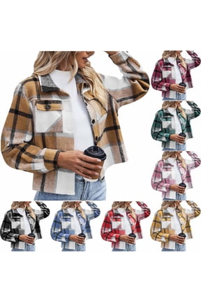 Womens Fall Outfits Fashion Flannels for Women Cropped Shacket Jacket Plaid Button Down Shirt 2025 Fall Coat Tops, S-4XL