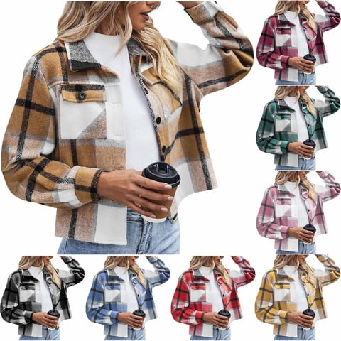 Womens Fall Outfits Fashion Flannels for Women Cropped Shacket Jacket Plaid Button Down Shirt 2025 Fall Coat Tops, S-4XL