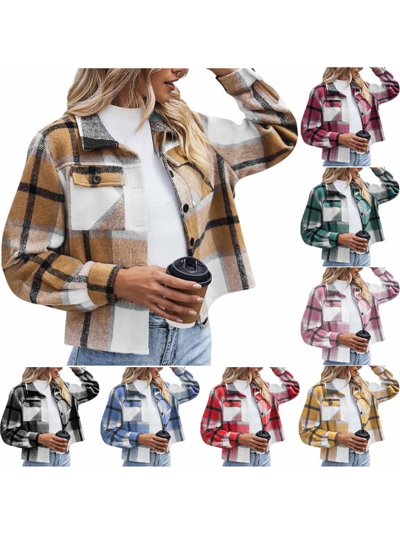 Womens Fall Outfits Fashion Flannels for Women Cropped Shacket Jacket Plaid Button Down Shirt 2025 Fall Coat Tops, S-4XL