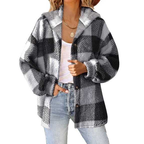 Ozmmyan Women's Plaid Fleece Jacket with Hood and Pockets, Long Sleeve Button Front Spring Fall Cool Weather Coat Plus Size S-5XL