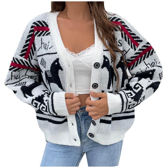 Ozmmyan Women's Retro Pattern Single-Breasted Loose Knit Cardigan Sweater