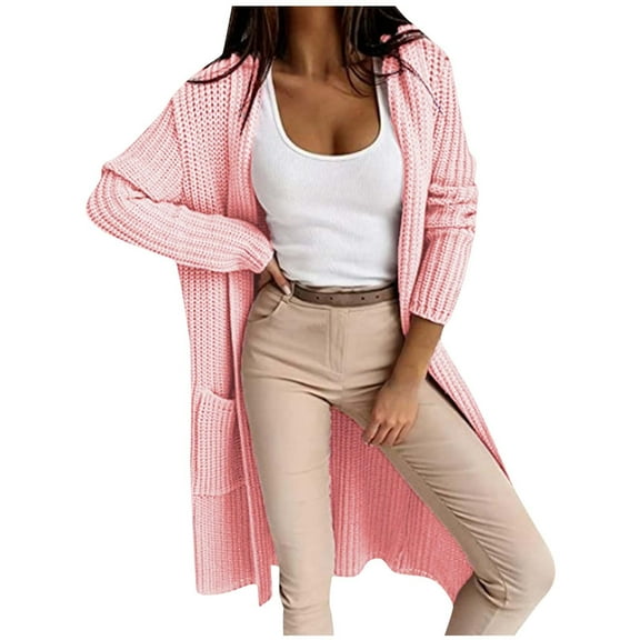 Ozmmyan Women's Solid Color Cardigan Wool Sweater Pocket Recreational Long Sleeve Coats