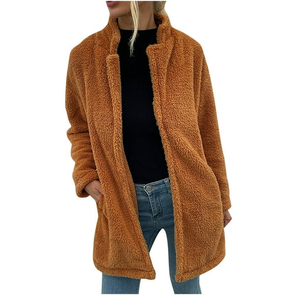 Ozmmyan Women's Solid Color Lapel Reversible Velvet Large Pocket Medium Long Coat Sweater Long Sleeved Hoodless Casual Coat jacket