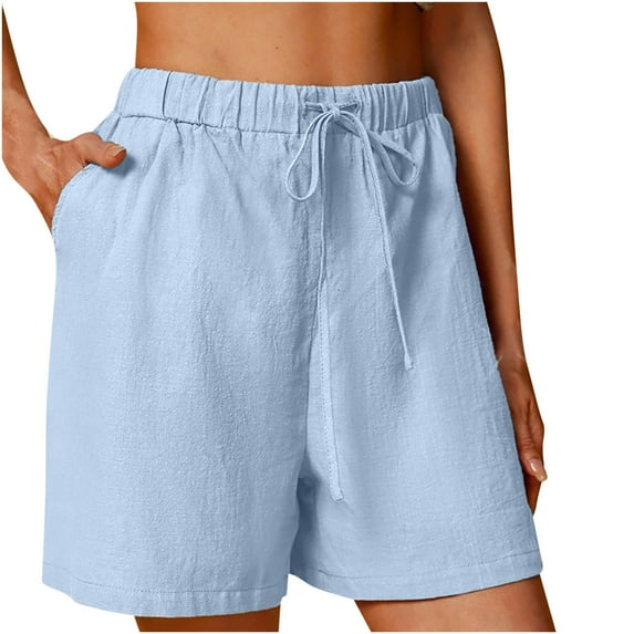 Ozmmyan Women's Workout Shorts's Cotton Linen Shorts Solid Color Comfortable Elastic Wide Leg Casual Shorts