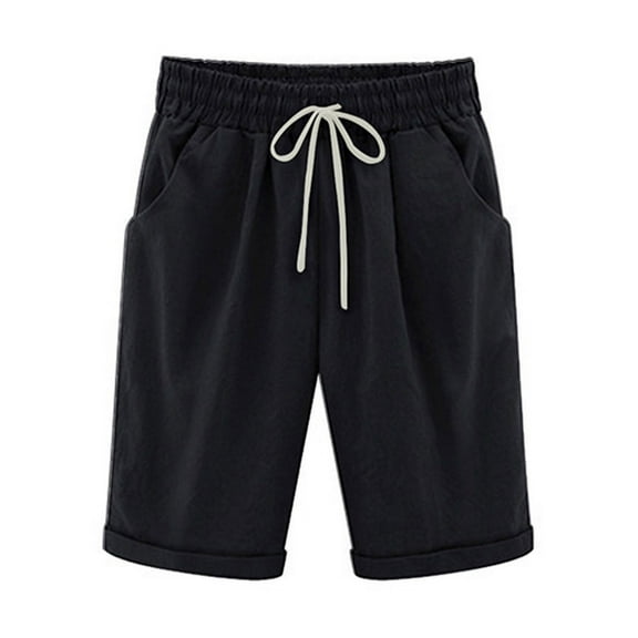 Ozmmyan Women's Workout Shorts's Summer Solid Five Points Large Size Cotton Linen Pants Casual Pants