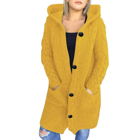 Ozmmyan Womens Cardigan Sweater Long Sleeve Cable Knit Long Cardigan Open Front Button Hooded Sweater Outerwear