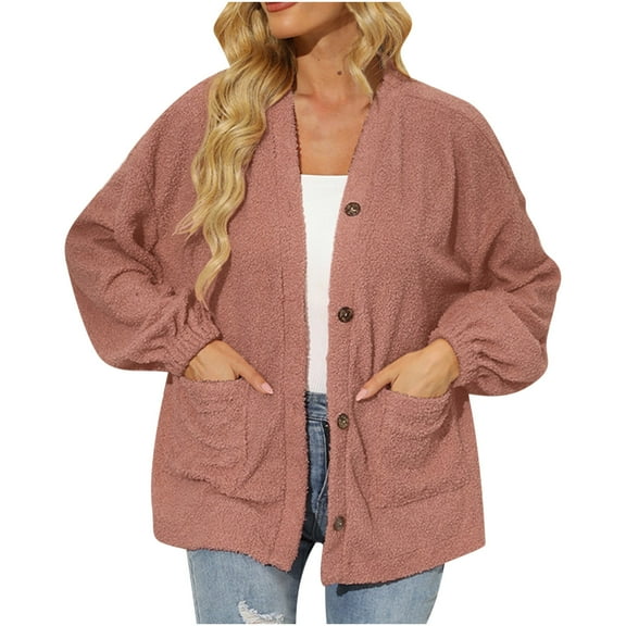 Ozmmyan Womens Cardigan Sweater Long Sleeve Loose Solid Color Button V-Neck Plush Coat