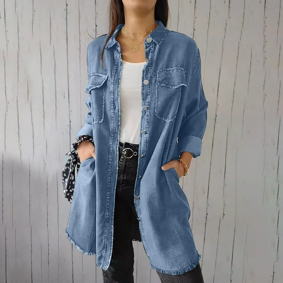 Ozmmyan Womens Classic Long Jean Jacket Plus Size Loose Long Sleeve Women’s Oversized Button Frayed Hem Lightweight Denim Jean Jacket, S-5XL
