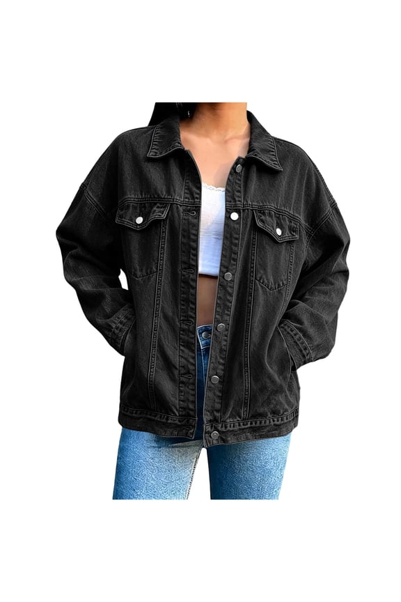 Oversized Denim Jackets for Women Drop Shoulder Jean Jacket Plus Size Casual Button Down Boyfriend Denim Jean Jackets with Pockets