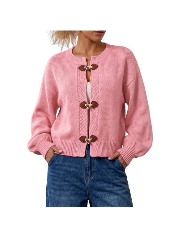 Womens Crew Neck Long Sleeve Loose Casual Toggle Button Knit Cardigan Fall Winter
