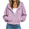 thumbnail image 1 of Ozmmyan Womens Cropped Zip Up Hoodie Ribbed Texture Drawstring Hooded Sweatshirt Jacket with Pockets Casual Fall Outerwear Streetwear Top, 1 of 6