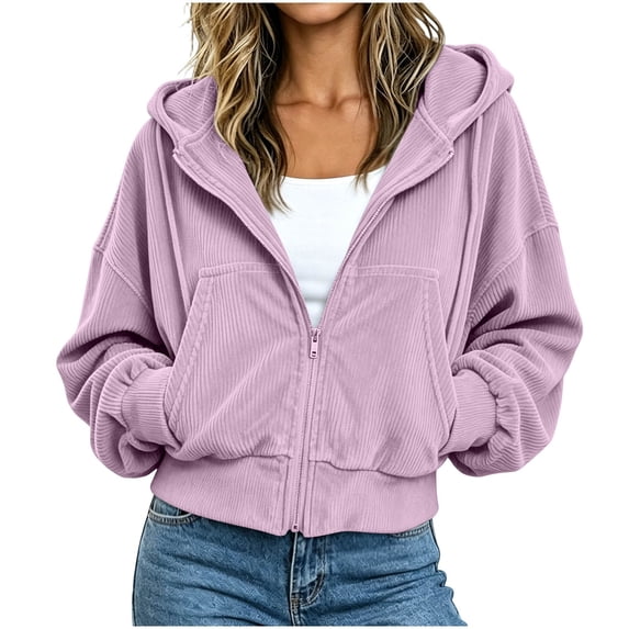 Ozmmyan Womens Cropped Zip Up Hoodie Ribbed Texture Drawstring Hooded Sweatshirt Jacket with Pockets Casual Fall Outerwear Streetwear Top