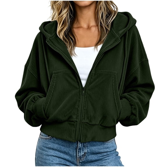 Ozmmyan Womens Cropped Zip Up Hoodie Ribbed Texture Drawstring Hooded Sweatshirt Jacket with Pockets Casual Fall Outerwear Streetwear Top