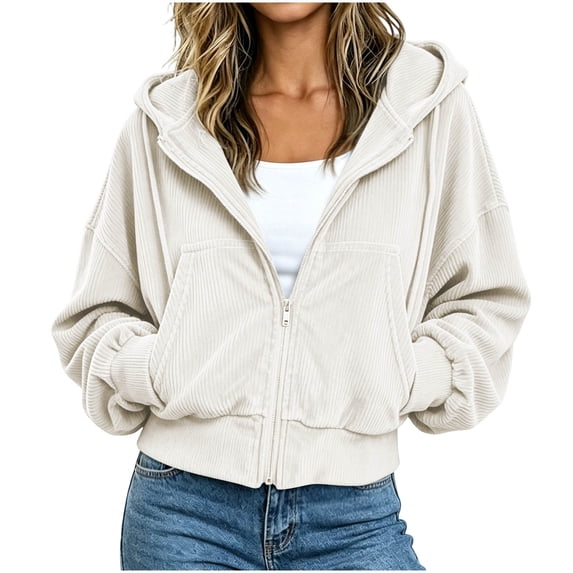 Ozmmyan Womens Cropped Zip Up Hoodie Ribbed Texture Drawstring Hooded Sweatshirt Jacket with Pockets Casual Fall Outerwear Streetwear Top