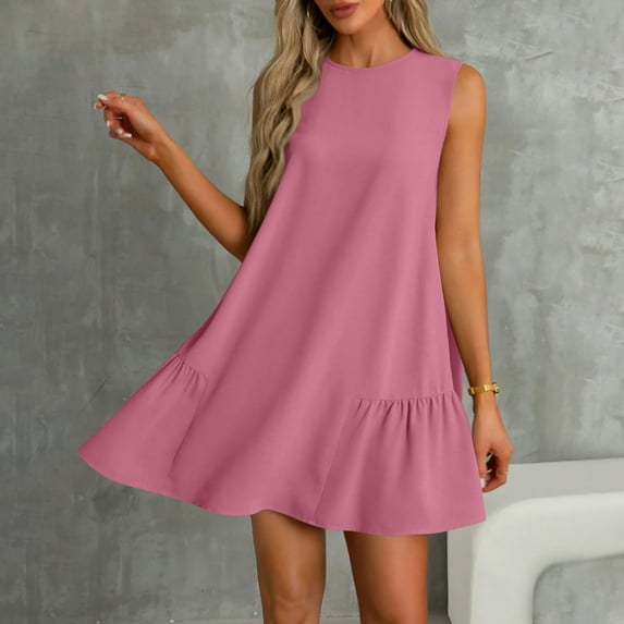 Womens Summer Dresses Crew Neck Sleeveless Sundresses Casual Loose Fit A-Line Mini Dress Beach Vacation Clothes, S-2X