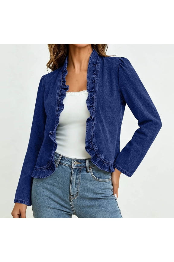 Womens Denim Open Front Ruffle Trim Long Sleeve Cropped Jacket Cardigan
