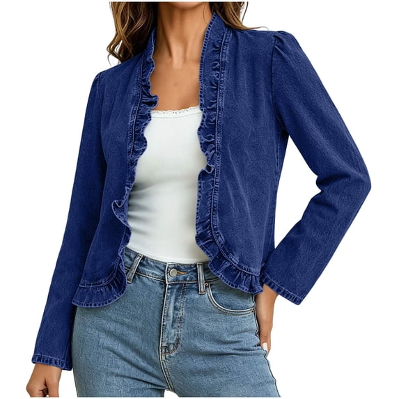 Ozmmyan Womens Denim Open Front Ruffle Trim Long Sleeve Cropped Jacket Cardigan