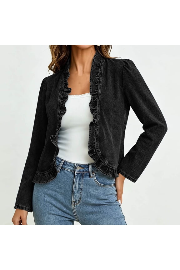 Womens Denim Open Front Ruffle Trim Long Sleeve Cropped Jacket Cardigan