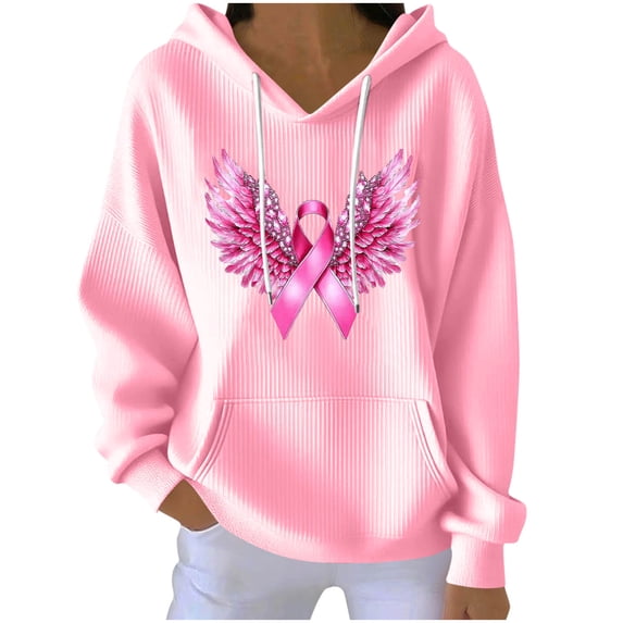 Ozmmyan Womens Fall Sweatshirt Hooded Breast Cancer Awareness Wing Print Long Sleeve Oversized Casual Pullover Sweatshirt with Pocket Winter