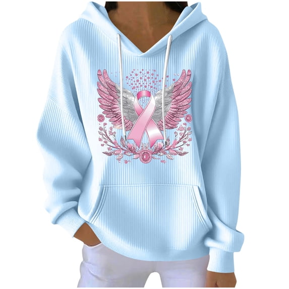 Ozmmyan Womens Fall Sweatshirt Hooded Breast Cancer Awareness Wing Print Long Sleeve Oversized Casual Pullover Sweatshirt with Pocket Winter